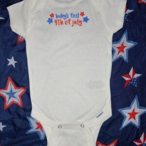 "baby's first 4th of July" bodysuit with red and blue stars, on blue starred background